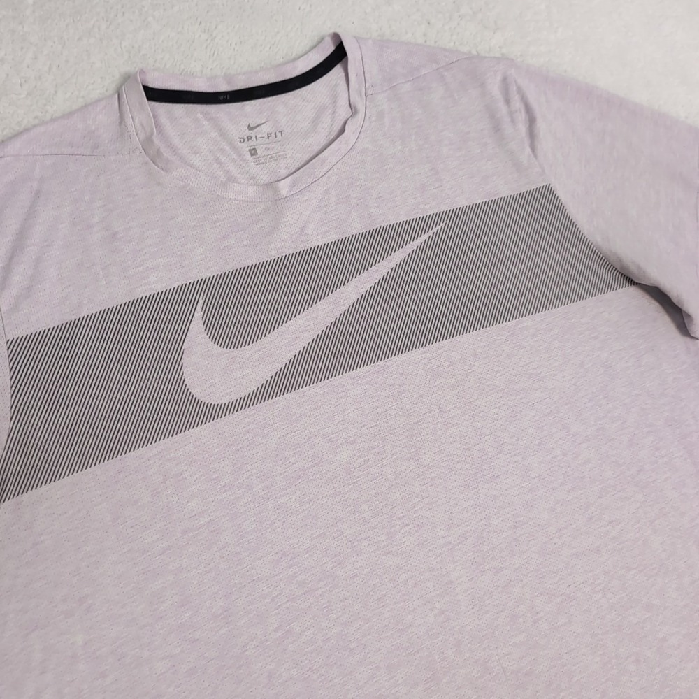 Nike Dri-Fit‎ Big Swoosh Logo Shirt Mens XL Pink Stripe Short Sleeve Viscose